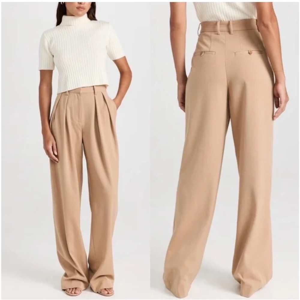 STAUD‎ Luisa Pleated Front Trouser Pants Tan Wide Leg Size 14
